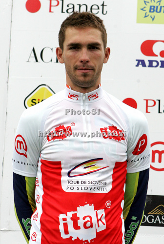 Blaz Furdi of Slovenia (Sava) in the white jersey as the best young cyclist in general classification at the flower ceremony of the third stage of Tour de Slovenie 2009 from Lenart to Krvavec. The third stage was 177 km long and it was held on Sunday, 20th of June, 2009.
