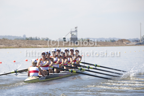 German team, PAUS Eva KNIEST Anika SIERING Constanze GUENTHER Silke THIEM Kathrin SENNEWALD Ulrike WENGERT Nina KIPPHARDT Anna-Maria SCHWENSEN Laura, competing in the Womens Eight at the 2010 European Rowing Championships held at the aquatic centre, Montemor-o-Velho, Portugal.
