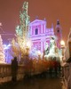 Tromostovje or in English Three bridges are in center of old part of Slovene capital city Ljubljana. Bridges were designed by famous Slovene architect Joze Plecnik. <br> Old central part of Slovene capital city Ljubljana, Slovenia, is decorated with Christmas lights. Heavy snowfall which lasts for 2 days already, added some more winter atmosphere.
