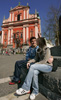 People are enjoying sunny and warm spring day in middle of Slovene capital city Ljubjana, Slovenia.
