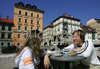 People are enjoying sunny and warm spring day in middle of Slovene capital city Ljubjana, Slovenia.

