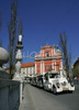 Small tourist train is leaving Presernov square and taking tourists for ride through city of Ljubljana, Slovenia from Presernov square to Ljubljana castle.
