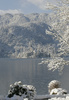 After very mild winter with high temperatures and no snow, snow finally covered tourist village Bled, Slovenia and coast of Bled Lake.
