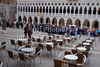 Empty restaurants chairs are waiting for people to come on Piazza San Marco during early morning hours. Piazza San Marco (often known in English as St Mark Square), is the principal public square of Venice, Italy, where it is generally known just as the Piazza. All other urban spaces in the city (except the Piazzetta and the Piazzale Roma) are called campi (fields). The Piazzetta (the little Piazza) is an extension of the Piazza towards the lagoon in its south east corner (See plan). The two spaces together form the social, religious and political centre of Venice and are commonly considered together.
