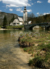 Church of St. John the Baptist on beach of Bohinj Lake. Lake Bohinj lies between Bohinjs mountains, which rise from 1600 to 2000 meters, and is Slovenias largest glacial lake. It is 4.2 kilometers long, one kilometer wide, and forty-five meters deep.
Bohinj is a valley that stretches from Soteska to Ukanc. On the south side, it is enclosed by the Lower Bohinj Mountains, which rise to 2.000 meters, and on the north by the Triglav mountain range with 2864m high Mount Triglav, Slovenias highest mountain.