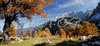 Central Julian Alps with Skrlatica, Prisojnik, Kukova spica and Vrsic are seen from 1909m high Slemenova Spica. Fall brought first snow in mountains around Vrsic, Slovenia. Trees in mountains above Kranjska gora, Slovenia, painted their leaves into colorful fall colors, while first snow in mountains put some more contrast to already beautiful and peaceful landscape.
