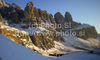 Landscape with high Dolomite mountains around Gardena pass in Val Gardena, Italy on late winter evening of 11th of March 2011.
