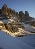 Landscape with high Dolomite mountains around Gardena pass in Val Gardena, Italy on late winter evening of 11th of March 2011.
