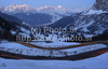 Landscape with high Dolomite mountains around Gardena pass in Val Gardena, Italy on late winter evening of 11th of March 2011.
