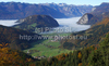 Forest in autumn colors is rising above valley of Bohinj, Slovenia, which is still covered with thick morning fog. View over the valley from Vodnikov razglednik near village Koprivnik, Slovenia, is outstanding and it takes breath away on such sunny morning.
