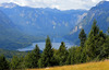 View to Bohinj lake from mountain meadows just under the top of Rudnica mountain. Rudnica is 946m high mountain located on ridge dividing upper and lower Bohinj valley, offering beautiful views to Julian Alps mountains, and villages of lower and upper Bohinj valley.
