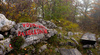Sign on top of Vodnikov razglednik, 1017m high mountain on outskirts of Pokljuka, Slovenia, on Saturday, 17th of October 2015.
