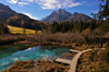 Nordic walking around Zelenci spring, near Kranjska Gora, Slovenia. Zelenci is a spring and nature reserve near village of Kranjska Gora, Slovenia. Zelenci spring is source of Sava river. At Zelenci, water from the underground stream Nadiza emerges through the porous lake bottom, whose waters are noted for their deep, brilliant green. The spring and its surrounding area are named after this color, as zelen meaning green in Slovene. 
