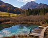 Nordic walking around Zelenci spring, near Kranjska Gora, Slovenia. Zelenci is a spring and nature reserve near village of Kranjska Gora, Slovenia. Zelenci spring is source of Sava river. At Zelenci, water from the underground stream Nadiza emerges through the porous lake bottom, whose waters are noted for their deep, brilliant green. The spring and its surrounding area are named after this color, as zelen meaning green in Slovene. 
