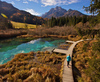 Nordic walking around Zelenci spring, near Kranjska Gora, Slovenia. Zelenci is a spring and nature reserve near village of Kranjska Gora, Slovenia. Zelenci spring is source of Sava river. At Zelenci, water from the underground stream Nadiza emerges through the porous lake bottom, whose waters are noted for their deep, brilliant green. The spring and its surrounding area are named after this color, as zelen meaning green in Slovene. 
