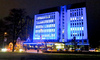 Kranj christmas lights, Bleiweisova street and Gorenjska Banka bank building.         
