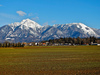 Farmlands (Kranjsko Polje) in Zlato Polje, Kranj,  <br> with the KamnikÐSavinja Alps (Kamnisko-Savinjske Alpe) in background. Left Storzic 2132 m. Storzic is the highest mountain in the western part of the KamnikÐSavinja Alps. 
