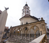 Rosary church, Rozenvenska cerkev, Cankarjeva ulica, Kranj <br>   <br> In the first decade of the 16th century, this succursal church dedicated to the Holy Mother of the Rosary was built above the lower city gate. In the 1570s, the church served as a place of worship for Protestants and during this period all its original furnishings were lost. The church was restored in the 17th century. The church is an ordinary example of Late Gothic architecture with a rectangular nave and somewhat narrower presbytery. The presbytery and nave have Gothic vaulting. In 1892, the church was completely renovated in the historicist style, and thus a great many of the historical features were removed. However, the church is still an important element of the view of the city and a dominant feature of the old city. <br>  <br> Plecnik Fountain  <br>  <br> The architect Joze Plecnik had planned to make a monumental entrance into the town. He transformed the steep slope into a staircase and replaced the former well (called sterna) with an obelisk topped by a bronze rooster from which the water runs into stone, terraced vessels. The fountain is an interpretation of the Garden of Eden at Hradcany, Prague. <br> 
