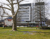 Bleiweisova street and Gorenjska Banka bank building in early spring.      
