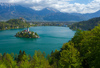View to Bled lake and island with church on morning of Sunday, 16th of April 2016.
