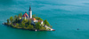 View to Bled lake and island with church on morning of Sunday, 16th of April 2016.
