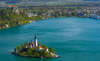 View to Bled lake and island with church on morning of Sunday, 16th of April 2016.
