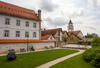 Khislstein Castle courtyard  with the Rosary church (Rozenvenska cerkev)  in background  Kranj, Slovenia
