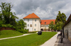 Khislstein Castle, with the Khislstein 12.56 cafe. The newest part of the building is the courtyard tract with arcade passageways, made during reconstructions in the 18th and 19th centuries.  Kranj, Slovenia
