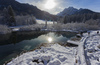 Views to Zelenci spring near Kranjska Gora on sunny morning of Sunday, 15th of January 2017, after snow storm passed Kranjska Gora, Slovenia, and delivered long awaited 30 to 40cm of fresh snow. <br> Zelenci Springs is a nature reserve near the town of Kranjska Gora, in the far northwestern corner of Slovenia. It is the source of the Sava Dolinka River.
