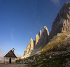 Cappella degli Alpini under Drei Zinnen - Tre Cime above Misurina, Italy, seen during early morning hike on Tuesday, 25th of June 2019.
