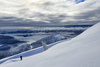 Ski tourers climbing toward summit of Visevnik. Pokljuka and slopes of Visevnik mountain, Slovenia, on morning of 12th of December 2020, after extensive snow fall, which brought more than 1.5m of snow to Julian Alps in the last several days.
