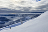 Ski tourers climbing toward summit of Visevnik. Pokljuka and slopes of Visevnik mountain, Slovenia, on morning of 12th of December 2020, after extensive snow fall, which brought more than 1.5m of snow to Julian Alps in the last several days.