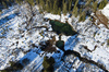 Aerial views of Zelenci meadows near Kranjska Gora, Slovenia, on winter Christmas Day of 25th of December 2022.