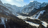 Aerial views of Zelenci meadows near Kranjska Gora, Slovenia, on winter Christmas Day of 25th of December 2022.