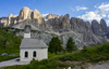 Views over Gardena pass near Selva di Val Gardena, Italy, on sunny summer Monday 26th of June 2023. Gardena pass is pass over which road connects Val Gardena valley and Badia valley in Italian Dolomites.