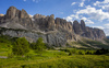 Views over Gardena pass near Selva di Val Gardena, Italy, on sunny summer Monday 26th of June 2023. Gardena pass is pass over which road connects Val Gardena valley and Badia valley in Italian Dolomites.