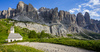 Views over Gardena pass near Selva di Val Gardena, Italy, on sunny summer Monday 26th of June 2023. Gardena pass is pass over which road connects Val Gardena valley and Badia valley in Italian Dolomites.