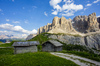 Views over Gardena pass near Selva di Val Gardena, Italy, on sunny summer Monday 26th of June 2023. Gardena pass is pass over which road connects Val Gardena valley and Badia valley in Italian Dolomites.