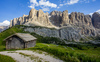 Views over Gardena pass near Selva di Val Gardena, Italy, on sunny summer Monday 26th of June 2023. Gardena pass is pass over which road connects Val Gardena valley and Badia valley in Italian Dolomites.