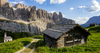 Views over Gardena pass near Selva di Val Gardena, Italy, on sunny summer Monday 26th of June 2023. Gardena pass is pass over which road connects Val Gardena valley and Badia valley in Italian Dolomites.