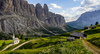Views over Gardena pass near Selva di Val Gardena, Italy, on sunny summer Monday 26th of June 2023. Gardena pass is pass over which road connects Val Gardena valley and Badia valley in Italian Dolomites.