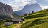 Views over Gardena pass near Selva di Val Gardena, Italy, on sunny summer Monday 26th of June 2023. Gardena pass is pass over which road connects Val Gardena valley and Badia valley in Italian Dolomites.