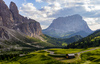 Views over Gardena pass near Selva di Val Gardena, Italy, on sunny summer Monday 26th of June 2023. Gardena pass is pass over which road connects Val Gardena valley and Badia valley in Italian Dolomites.