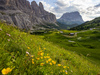 Views over Gardena pass near Selva di Val Gardena, Italy, on sunny summer Monday 26th of June 2023. Gardena pass is pass over which road connects Val Gardena valley and Badia valley in Italian Dolomites.