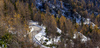 Winter wonderland with trees still in autumn colours is seen near Vrsic pass above Kranjska Gora, Slovenia, on 12th of November 2023. First snow covered higher areas in mountains around Vrsic pass near Kranjska Gora, Slovenia.