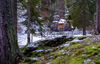 Russian chapel is seen between trees after first snow covered ground on 12th of November 2023. The wooden chapel, dedicated to St. Vladimir was built in 1916 by surviving Russian prisoners of war to commemorate those who died during the construction of the road across Vrsic.