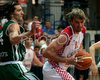 Sandro Nicevic (no.11) of Croatia (R) and Dragisa Drobnjak (no.14) of Slovenia (L) during preparation match for Olympic qualifications, between Slovenia and Croatia. Preparation match between Slovenia and Croatia was played in Sencur, Slovenia, on Saturday, 28th of June 2008.
