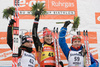 Second placed Andrea Henkel of Germany (L), winner Kati Wilhelm of Germany (M) and third placed Svetlana Sleptsova of Russia (R) celebrate on the podium after the women 7.5 km Sprint Biathlon World Cup race in Anterselva, Italy. Sprint race of Women IBU Biathlon World Cup was held in Anterselva, Italy on 17th of January 2008.
