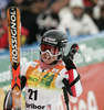 Tessa Worley of France reacts after crossing finish line in second run of women giant slalom World Cup race in Maribor, Slovenia. Giant slalom race of 44th Golden Fox trophy and Women FIS Alpine skiing World Cup was held in Maribor, Slovenia, on 12th of January 2008.
