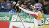 Ingrid Jacquemod of France reacts after crossing finish line in second run of women giant slalom World Cup race in Maribor, Slovenia. Giant slalom race of 44th Golden Fox trophy and Women FIS Alpine skiing World Cup was held in Maribor, Slovenia, on 12th of January 2008.
